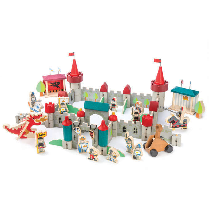 Medieval Wooden Castle And Figure Set, This Medieval Wooden Castle And Figure Set allows children to immerse themselves in the fascinating world of medieval times. With its beautifully designed wooden components, this play set provides a realistic setting for kids to explore historical themes.The castle components are made from high-quality sustainable rubberwood and plywood, ensuring durability and longevity. The charming illustrations on each piece add to the overall appeal, creating a captivating medieva