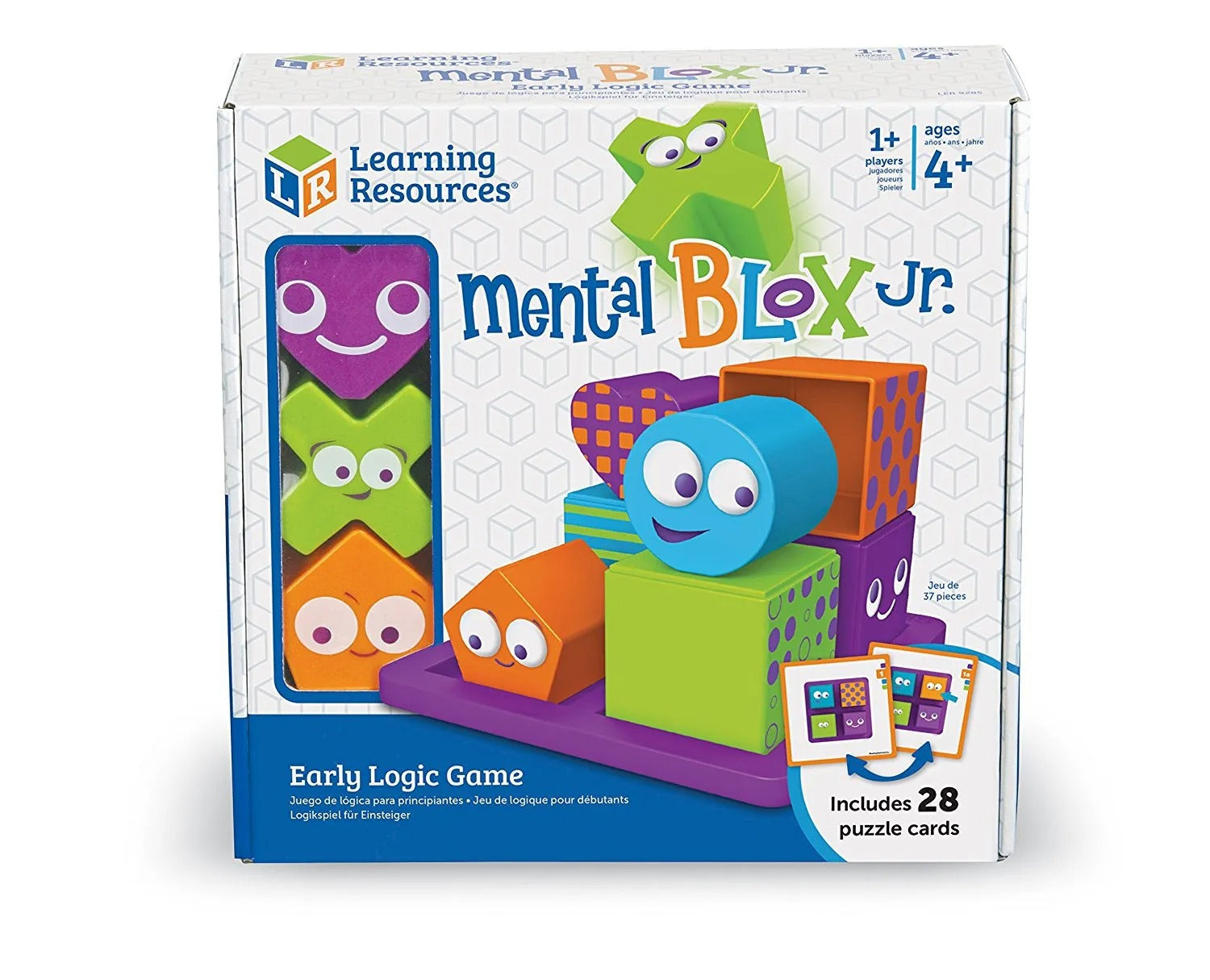 Mental Blox® Jr, Mental Blox® Jr provides block-stacking play and point-of-view puzzles for pre-school children.These Mental Blox® Jr have bold graphics and make-you-think challenges. Activity cards provide examples of what to build and open-bottomed blocks allow for hiding of pieces in more complex puzzles. The Mental Blox® Jr game includes a puzzle tray, eight puzzle pieces (four cubes, four shapes), 28 double-sided puzzle cards, and an activity guide. Critical thinking challenges designed specifically wi