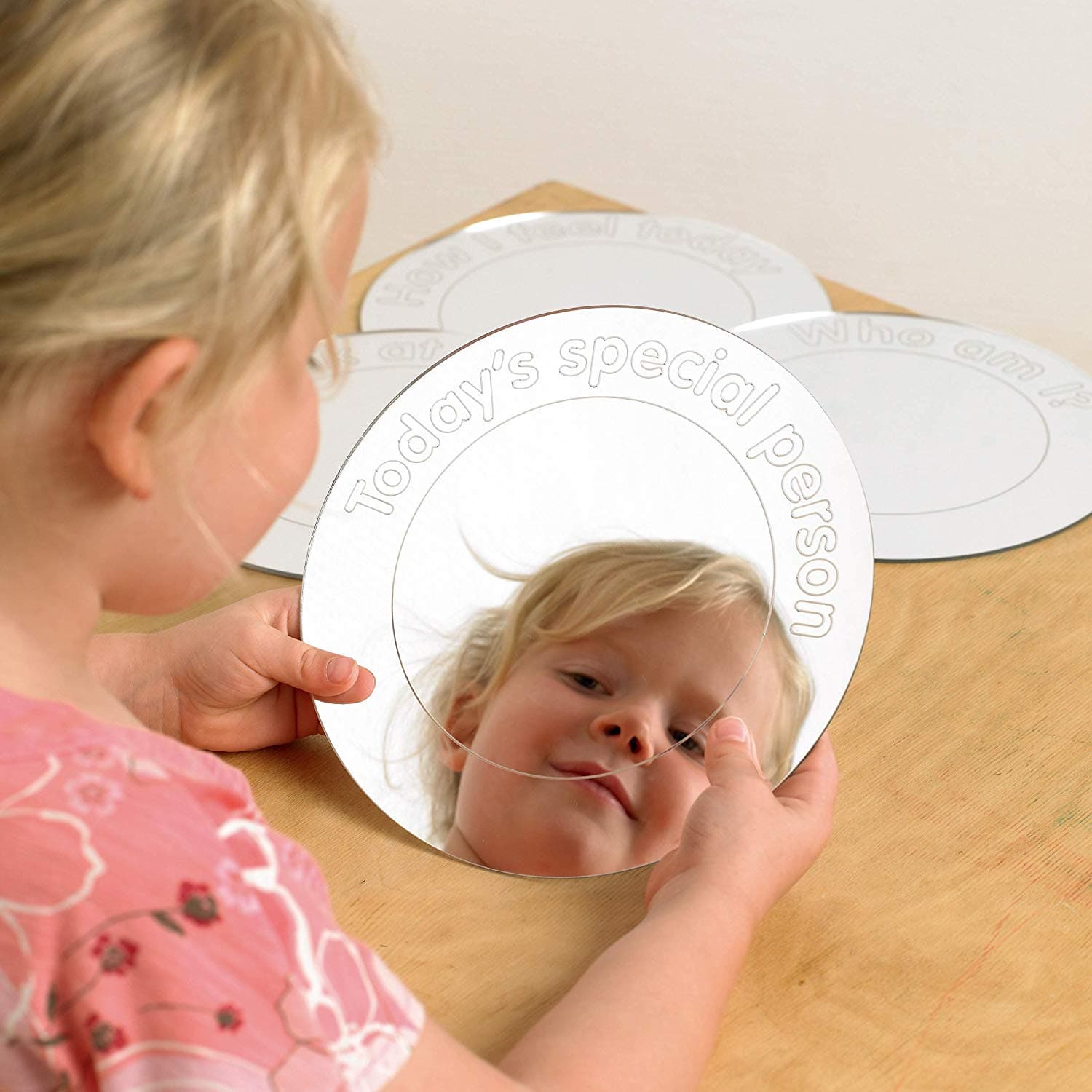 Message Mirrors - Todays special person, The Message Mirrors are a great resource to encourage thought and self expression and development. Children can explore a variety of topics such as social skills,facial expressions,and exploring emotions. Laser cut into the safety mirror surface is a message so that the user is prompted to consider a thought. How I feel today, (Great social skills and facial expressions tool) Today’s special person (Great Social skills and reward tool) Look at me, (Allow your child t