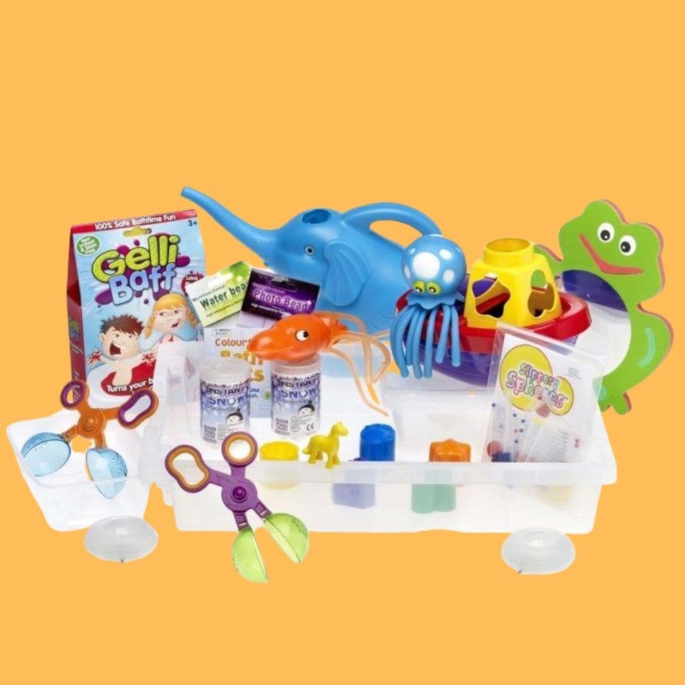 Messy and Water Play Sensory Kit, The Messy and Water Play Sensory Kit is a delightful kit of messy play and water play ideas all for use within the supplied large water tray. The Messy and Water Play Sensory Kit contains a fantastic selection of messy play item to explore your senses through play. 1 x Large Water Tray 2 x handy scoopers 1 x gelli baff 2 x magic water beans 1 x water tints 2 x instant snow 1 x slippery spheres 1 x gobbledy goop 2 x spa bath lights 1 x floating octopus 1 x float and sort boa