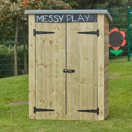 Messy Play Activity Shed, The Messy Play Activity Shed provides the perfect storage facility to store away all your Messy Play Activity Activities after use. The Messy Play Activity Shed features 3 shelves to help keep the store organised and a chalkboard to help label what's inside. Robust unit with felted roof to help prevent against water damage. Made from pre-treated Scandinavian Redwood which is guaranteed against rot and insect infestation for 10 years. Shelf depth 40cm, shelf length 112cm, distance b