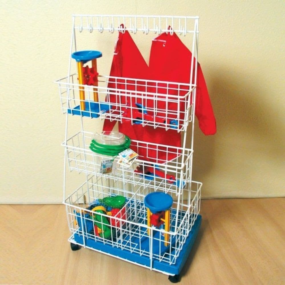 Messy Play Storage Trolley, The Messy Play Storage Trolley is ideal for sand & water activities for use in schools and nurseries! This Messy Play Storage Trolley is a must for when you have wet play and messy play activities. The Messy Play Storage Trolley is an old favourite in early years classrooms, this water play storage trolley stands the test of time. Vertical height makes it a great space saver. Includes hooks for apron hanging. Assembly required. Plenty of storage space for toys and hanging spaces 