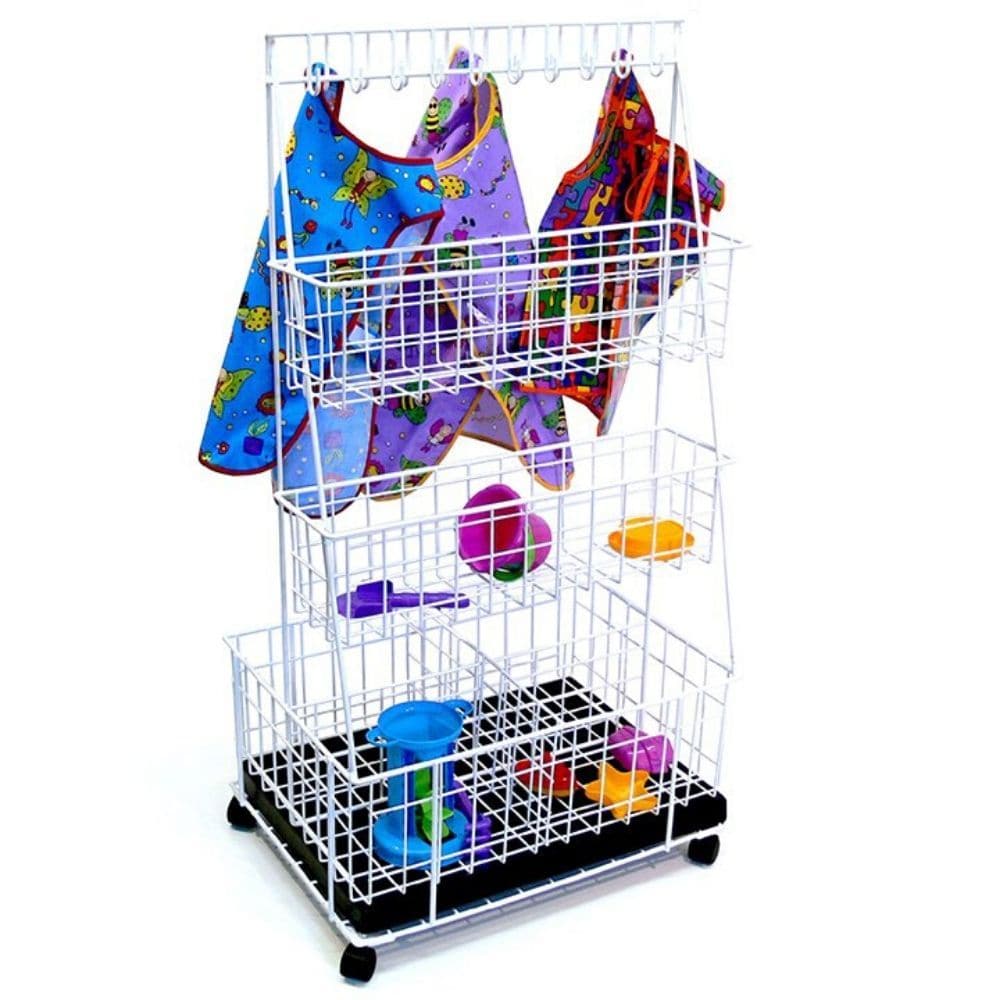 Messy Play Storage Trolley, The Messy Play Storage Trolley is ideal for sand & water activities for use in schools and nurseries! This Messy Play Storage Trolley is a must for when you have wet play and messy play activities. The Messy Play Storage Trolley is an old favourite in early years classrooms, this water play storage trolley stands the test of time. Vertical height makes it a great space saver. Includes hooks for apron hanging. Assembly required. Plenty of storage space for toys and hanging spaces 