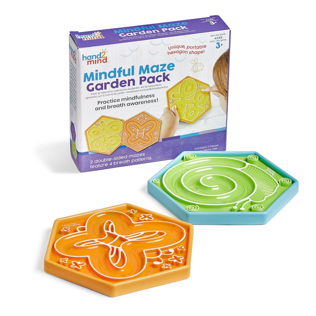 Mindful Maze Garden Pack, Practise breathing and awareness with this Mindful Maze Garden Pack tactile set for children. The Mindful Maze Garden Pack is an ideal resource to help children focus on their breathing at home or in the classroom through guided prompts and activities inspired by nature. To use, children trace their fingers along a design on these double-sided boards, using the winding Lazy River, curved Butterfly, Snail spiral, or blooming Flower breath patterns to calm and focus their attention. 
