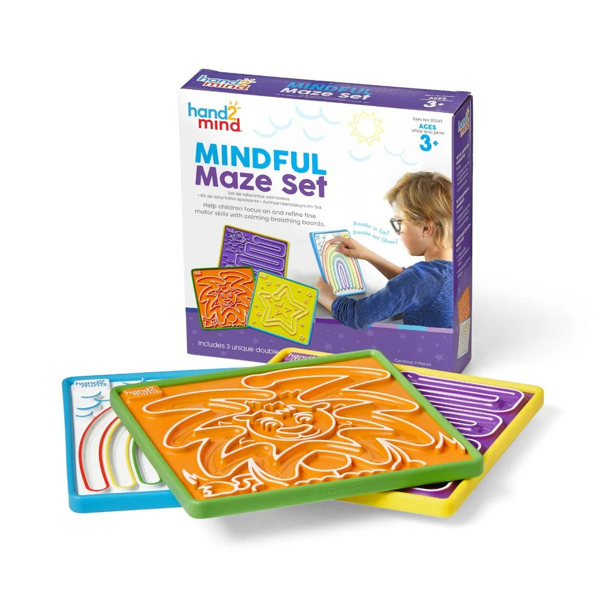 Mindful Maze Set, The Mindful Maze Set helps kids practise managing their emotions and cultivate mindfulness through 6 guided breathing exercises. The Mindful Maze Set comes with 3 double-sided boards that each have an engaging design. Children trace the designs with their fingers, breathing in and out as directed by the design of the board. Help children with social-emotional learning (SEL) using this set of boards developed to introduce mindful breathing for kids. The set of 3 double-sided boards offers 6