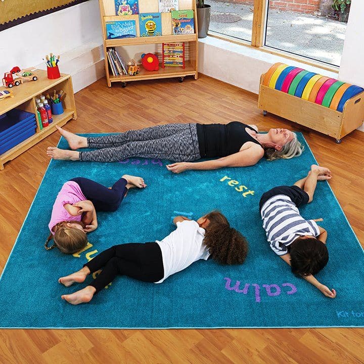 Mindfulness Carpet 2m x 2m, Language is important. Build up your mindfulness vocabulary and learn to defuse toxic thoughts by pausing and choosing words featured on this Mindfulness Carpet. The Mindfulness Carpet is a great addition to any classroom to create calm and peace within the school environment. The Mindfulness Carpet is a colourful and stylish addition to any setting. 2000 x 2000mm size Mindfulness Carpet with calming colours and Mindfulness text. Feel Rest Happy Breathe Still Quiet Calm Love W200