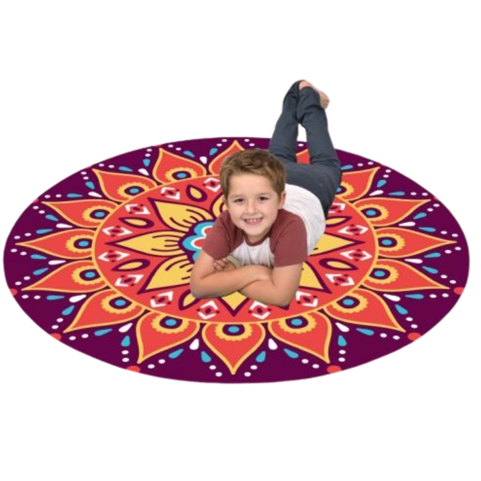 Mindfulness Mandala Playmat, Enhance your indoor spaces with the vibrant and exquisite Giant Mandala Floor Mat – a piece that seamlessly blends form and function. Key Features: Stunning Mandala Design: Inspired by traditional mandala patterns, this mat offers a visual treat with its intricate details, promoting a sense of peace and spiritual connection. Quality Craftsmanship: Made from premium polyester felt, this mat ensures durability, resilience, and easy maintenance. Safety First: Comes with a non-slip 