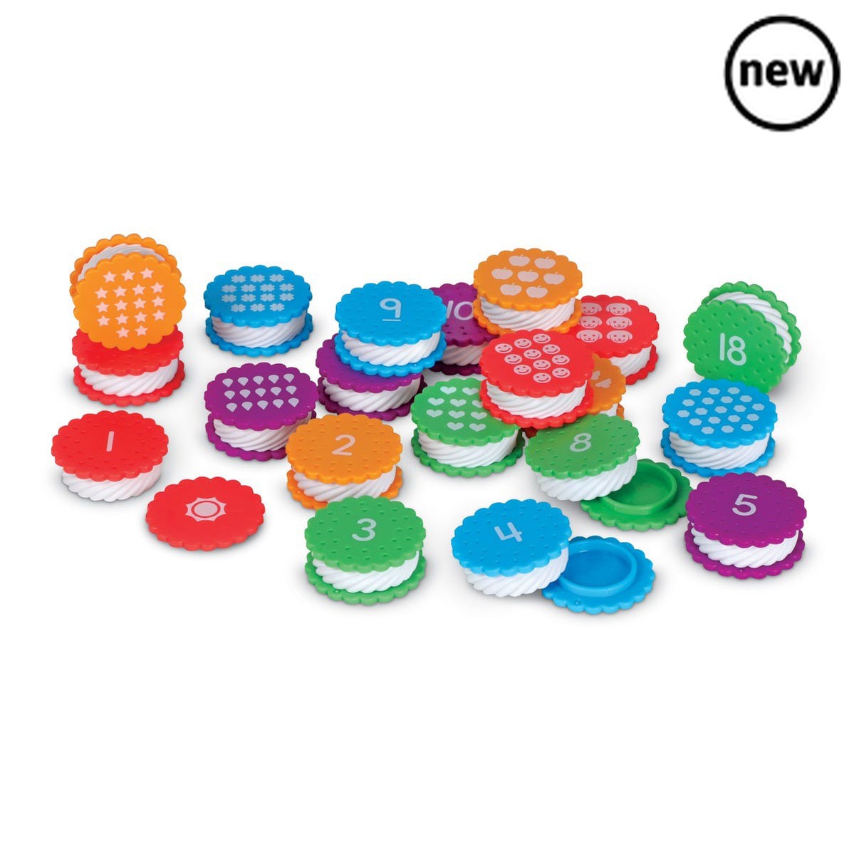 Mini Number Treats, Each colourful cookie toy in this set puts a playful twist on learning numbers and colours. One side of each cookie toy features a number from 1–20, and the other has a picture of the corresponding number of dolphins, beach balls, and more. Twist open each cookie to reveal a fun tactile texture hidden inside! Includes 20 x 2-piece cookies. Mini Number Treats This Mini Number Treats set of 20 mini number treats introduces children to number and counting skills through engaging hands-on pl