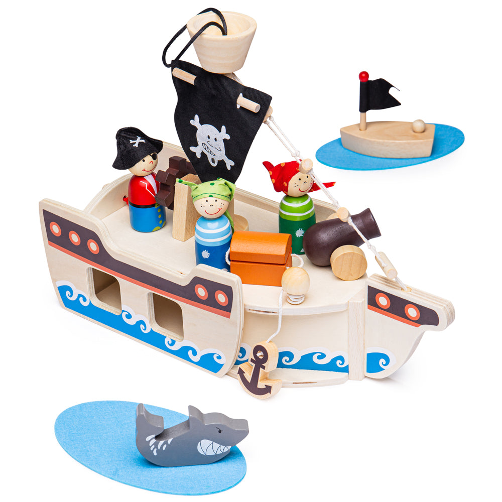 Mini Pirate Ship Playset, "Ahoy, Captain!" Jolly sailors will adore this wooden Mini Pirate Ship Toy, supplied complete with a captain, two pirates, boat, anchor, treasure chest and even a shark! This wooden Mini Pirate Ship Playset comes with a string handle and secure clasp so it is always ready to travel with your little one and all of the play pieces can be stored safely inside. The Mini Pirate Ship Playset is made from high-quality, responsibly sourced materials. Conforms to current European safety sta
