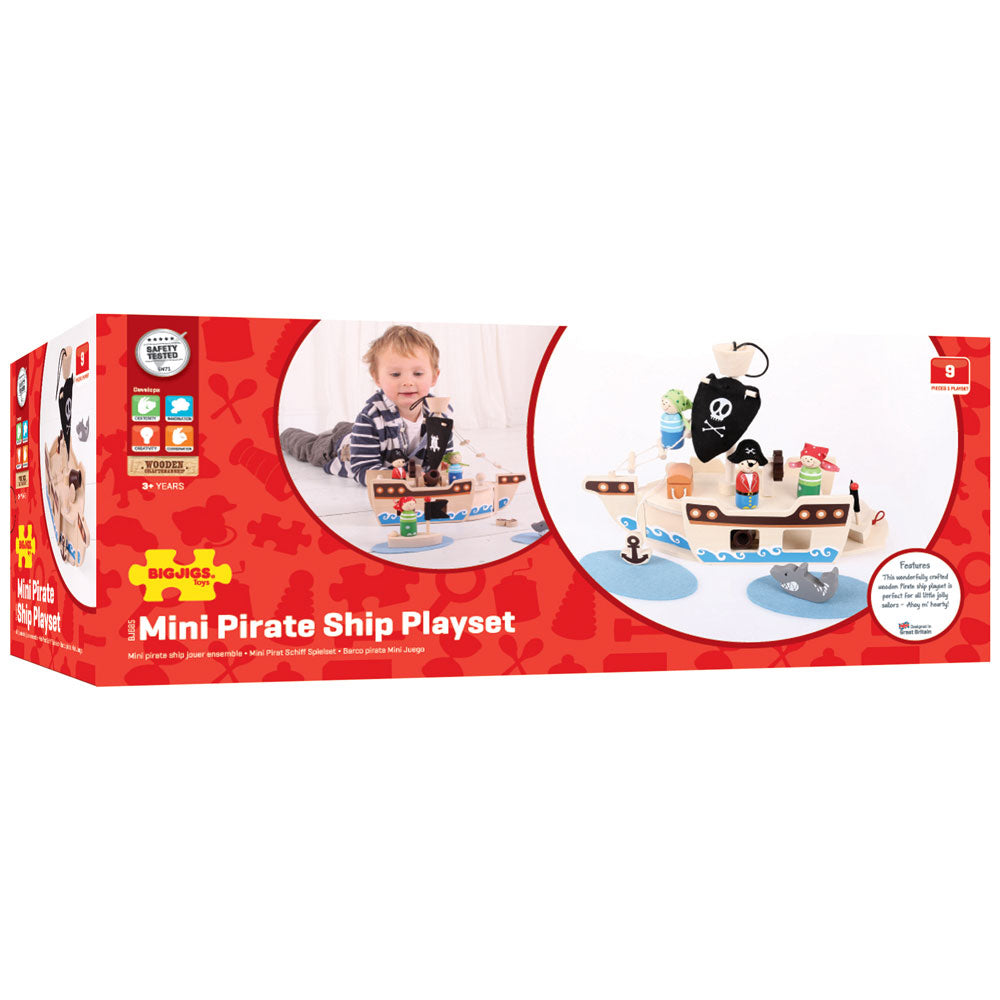 Mini Pirate Ship Playset, "Ahoy, Captain!" Jolly sailors will adore this wooden Mini Pirate Ship Toy, supplied complete with a captain, two pirates, boat, anchor, treasure chest and even a shark! This wooden Mini Pirate Ship Playset comes with a string handle and secure clasp so it is always ready to travel with your little one and all of the play pieces can be stored safely inside. The Mini Pirate Ship Playset is made from high-quality, responsibly sourced materials. Conforms to current European safety sta