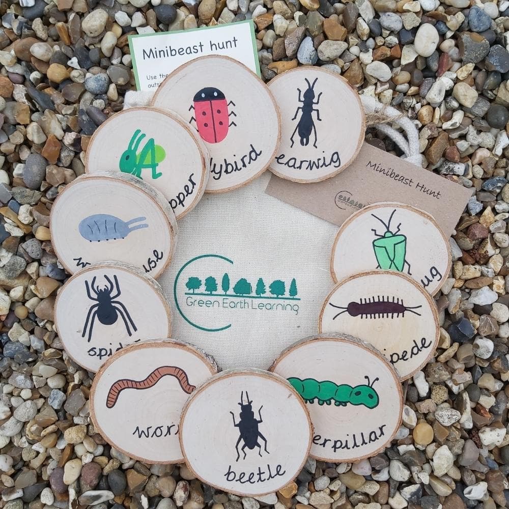 Minibeast Hunt Wooden Outdoor Nature Toy, Take little ones on an exciting minibeast hunt with these beautiful handpainted birchwood slices/discs. Encourage children to get closer to nature and develop their observational skills. The Minibeast Hunt Wooden Outdoor Nature Toy discs come in a handy cotton drawstring bag and are suitable for both outdoor and indoor use. As these are handpainted, each item is unique and finished with a toy-safe sealer. The discs are are a great educational resource and are UKCA c