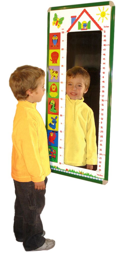 Mirror Height Chart, This colourful mirror height chart is a perfect resource for the nursery or key stage 1 primary classroom. Children will have fun seeing how much they have grown from the previous measurement with this attractive wall mirror. The graphics are child friendly and include Sun, Clouds and several cute animals that children can identify. There is a measure on either side of the mirror displaying heights in both cm’s and inches. The mirror height chart comes with wall mount fixings and measur