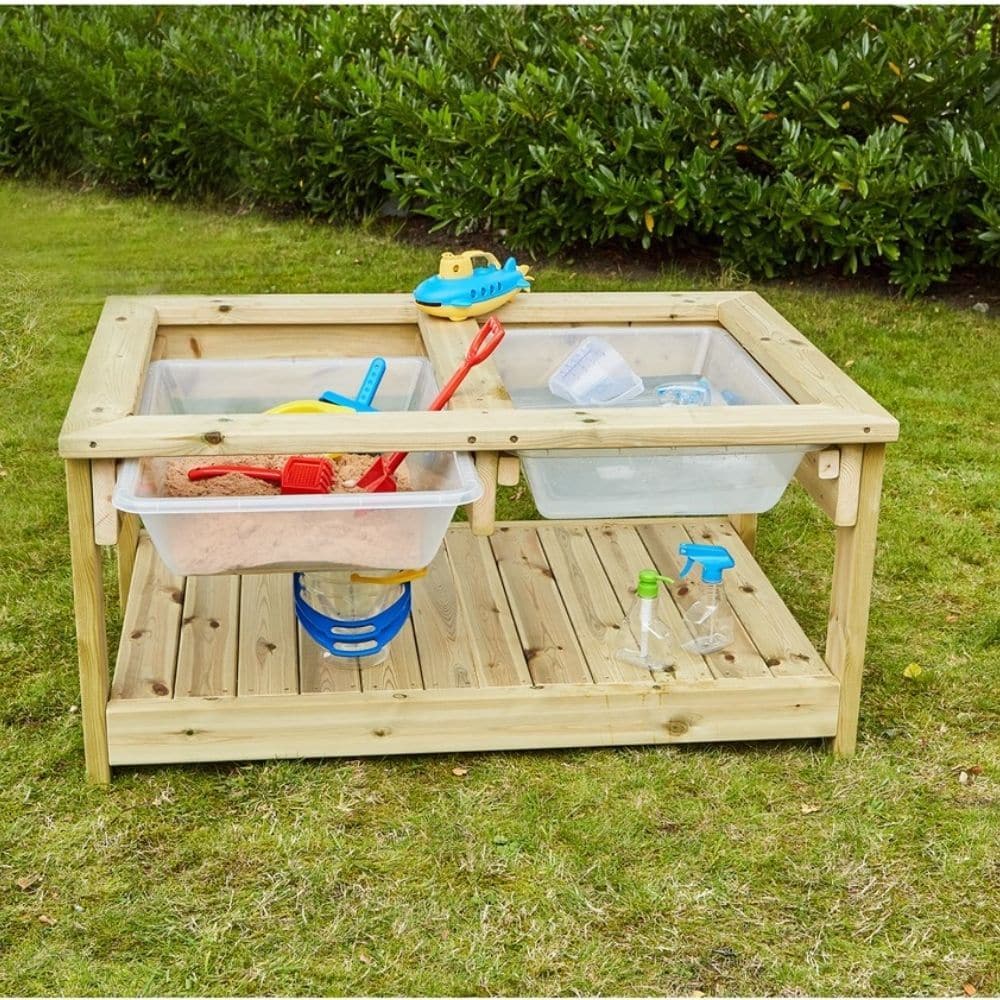 Mix, Sieve & Sort Table, This rustic, two compartment Mix, Sieve & Sort Table is ideal for group collaboration. This brilliant Mix, Sieve & Sort Table enables children to explore materials, create messy concoctions or experiment with liquids. Featuring two pull out trays, two sliding bars and a storage shelf below. Use wet materials in one tray and dry in the other. The flat ledge is perfect for balancing containers. The Mix, Sieve & Sort Table is the perfect base unit for sand & water play, messy play and 