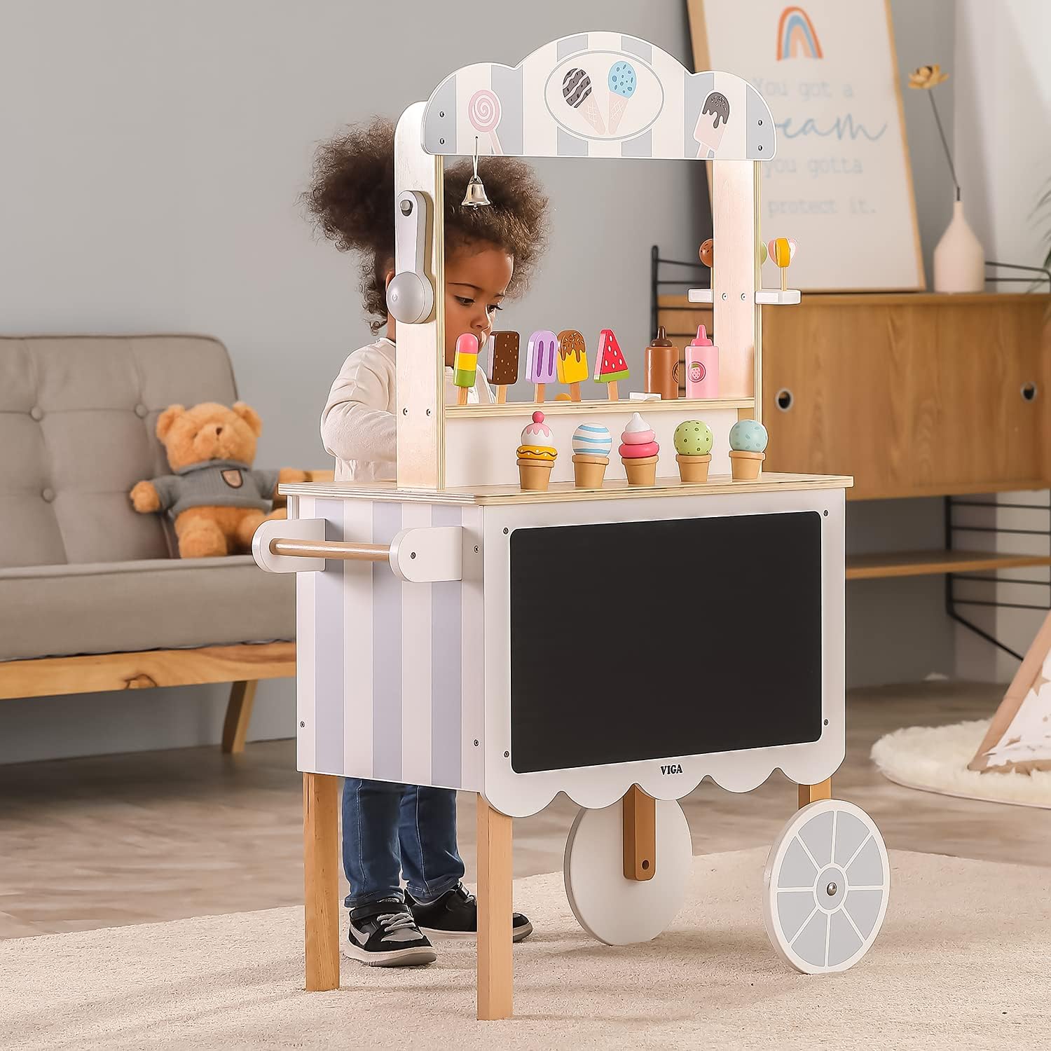Mobile Ice Cream Shop, Give your child the ultimate ice cream experience with this Mobile Ice Cream Shop.This Mobile Ice Cream Shop set includes colourful ice cream cones, ice-lollies, lollipops, and utensils for a realistic ice-cream trolley experience! The ice cream ball can be matched at will, making it perfect for customizing each ice cream cone to your child's liking. Our ice cream scoop is attached with a magnet which can attract the ice cream ball and put it on the cone with ease, just like a real ic