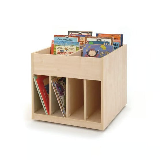 Mobile Kinderbox With Lower Display Shelf, Introducing the Mobile Kinderbox - an all-in-one storage solution that's perfect for any classroom! With 4 top compartments, 4 large book storage compartments and a display shelf to the other, this Kinderbox offers plenty of space to store books, toys, and other classroom essentials. Designed with lockable castors, this Kinderbox can easily be moved around the classroom, allowing for versatile storage and ensuring that everything is within reach whenever it's neede