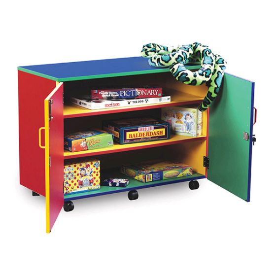 Mobile Monarch Multi-Coloured Storage Cupboard, This Mobile multi-coloured Storage Cupboard has 2 adjustable shelves and lockable doors, guaranteed to brighten up any classroom, library, playroom or bedroom ! Designed for the younger user it is robust and fun to ensure years of practical storage use. Delivered fully assembled 2 adjustable shelves Lockable doors with handles Coloured panels are supplied as shown Fully mobile on castors Made in Britain Overall dimensions of the Mobile Monarch Multi-Coloured S