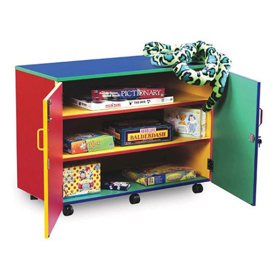 Mobile Monarch Multi-Coloured Storage Cupboard, This Mobile multi-coloured Storage Cupboard has 2 adjustable shelves and lockable doors, guaranteed to brighten up any classroom, library, playroom or bedroom ! Designed for the younger user it is robust and fun to ensure years of practical storage use. Delivered fully assembled 2 adjustable shelves Lockable doors with handles Coloured panels are supplied as shown Fully mobile on castors Made in Britain Overall dimensions of the Mobile Monarch Multi-Coloured S