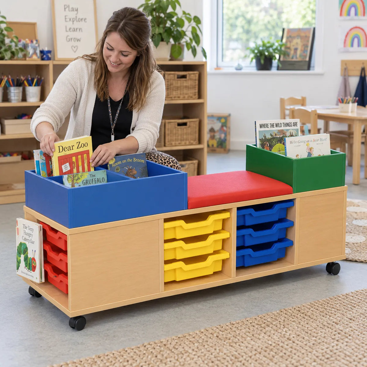 Mobile Seat And Tray Storage Unit With Twin Kinderboxes in a bright early years classroom – view 5