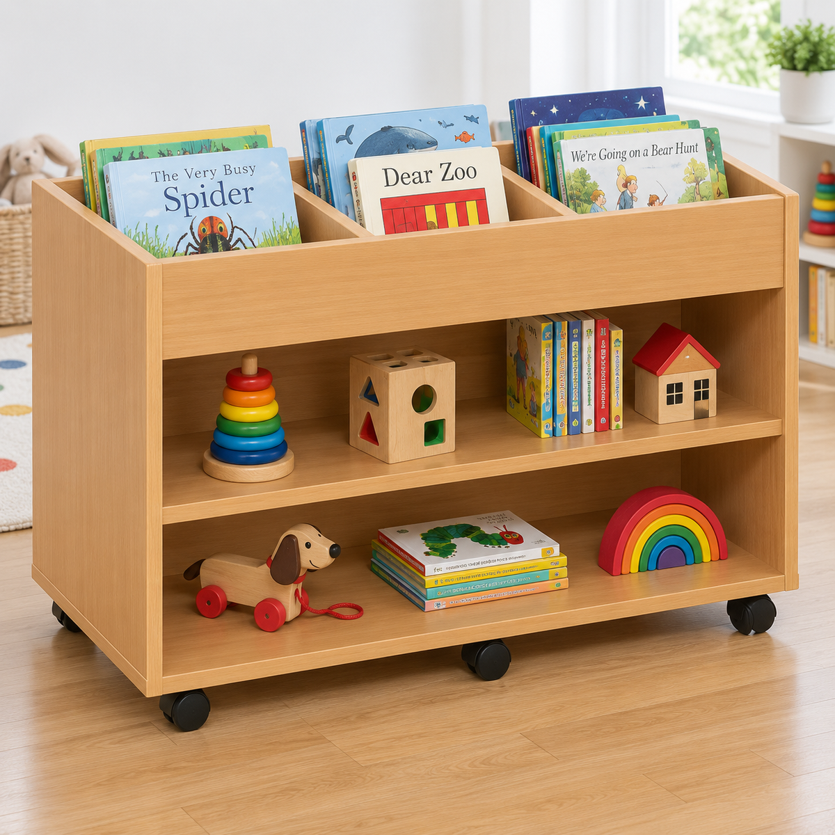 Monarch 6 Bay Double Sided Artbox Library Book Storage Unit with Fixed Shelf in a bright early years classroom – view 2