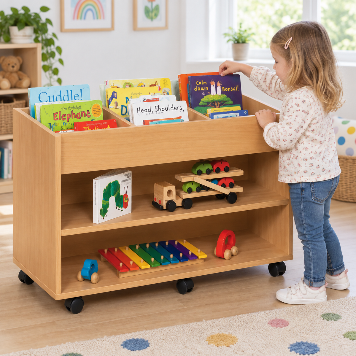 Monarch 6 Bay Double Sided Artbox Library Book Storage Unit with Fixed Shelf in a bright early years classroom – view 3