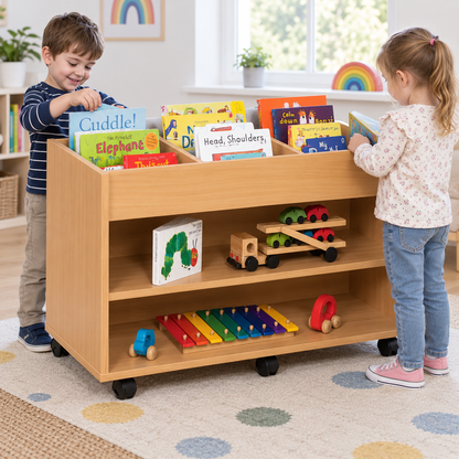 Monarch 6 Bay Double Sided Artbox Library Book Storage Unit with Fixed Shelf in a bright early years classroom – view 4