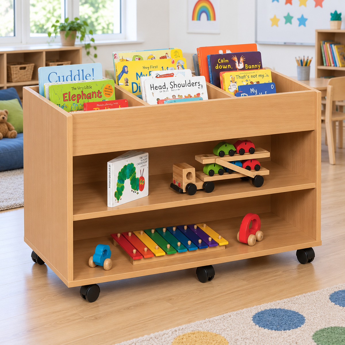 Monarch 6 Bay Double Sided Artbox Library Book Storage Unit with Fixed Shelf in a bright early years classroom – view 6