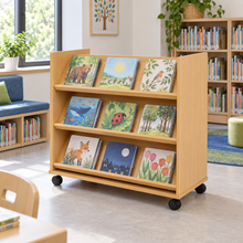 Monarch Double Sided Library Unit with 3 Angled Shelves Each Side in a bright classroom library – view 1