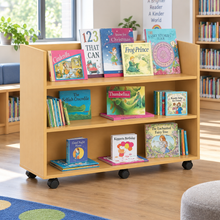 Monarch Double Sided Library Unit with 3 Horizonal Shelves Each Side in a bright classroom library – view 1