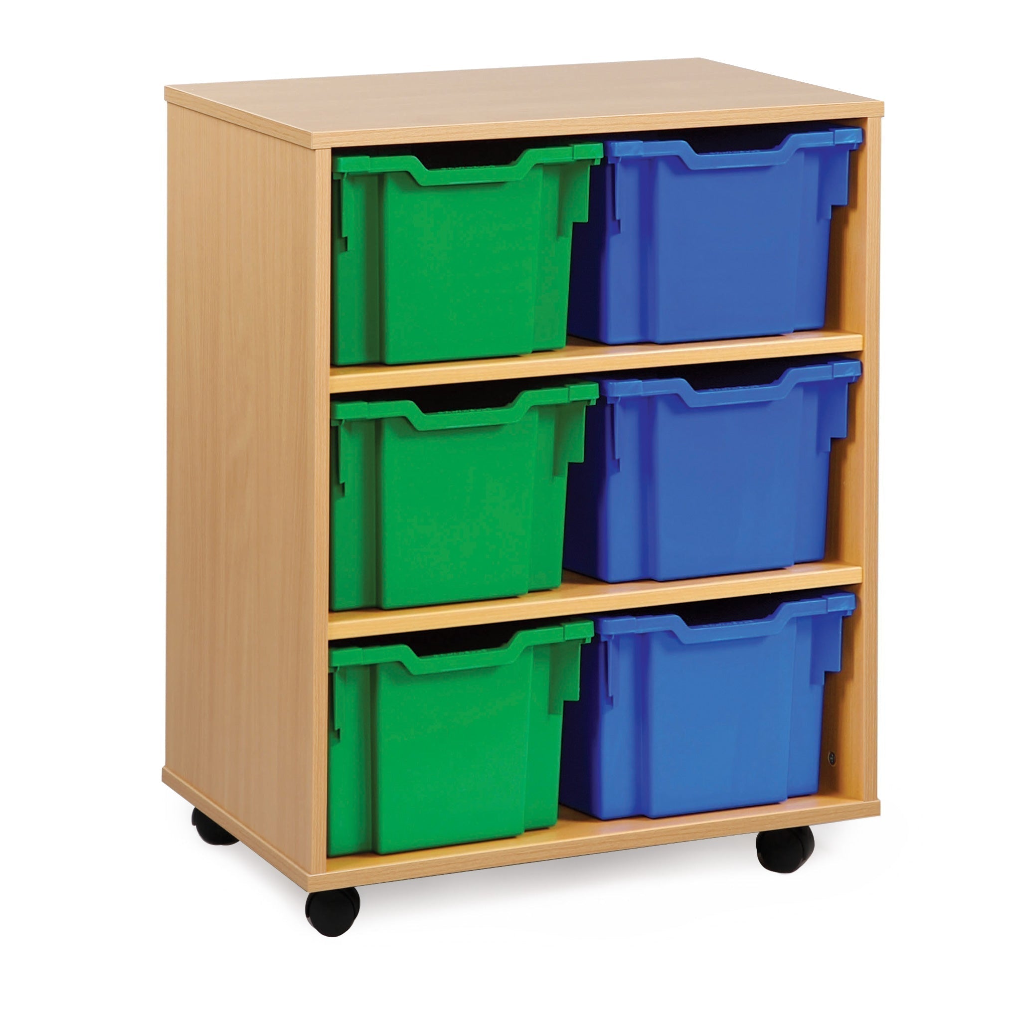 Monarch extra deep tray unit, This Monarch extra deep tray storage unit comes with 6, 12 or 16 extra deep trays to and is complete with castors for easy transportability. In a beech finish and made from sustainably sourced and FSC certified MFC,this unit will be sure to last all the trials of a classroom. Each storage unit is constructed using 18mm Egger MFC and fitted together by cam and dowel construction for extra rigidity and assured quality. These Monarch shallow tray units are supplied with strong non