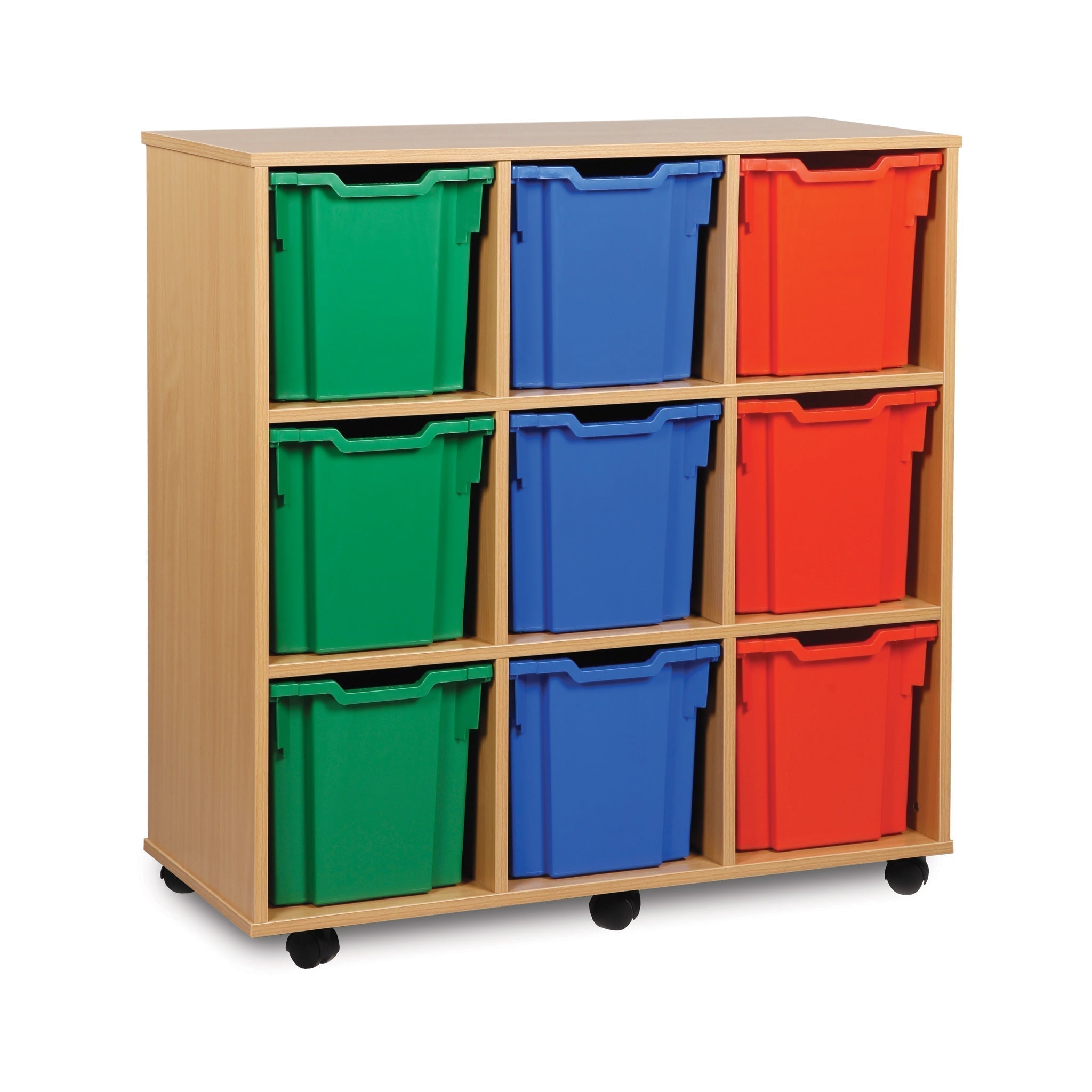 Monarch jumbo tray storage unit Storage unit, In a beech finish and made from sustainably sourced and FSC certified MFC, this unit will be sure to last all the trials of a classroom. Each storage unit is constructed using 18mm Egger MFC and fitted together by cam and dowel construction for extra rigidity and assured quality.These Monarch shallow tray units are supplied with strong non-marking shatterproof nylon castors, two of which come with a locking facility. Each have a load capacity of 58kg's with a tw