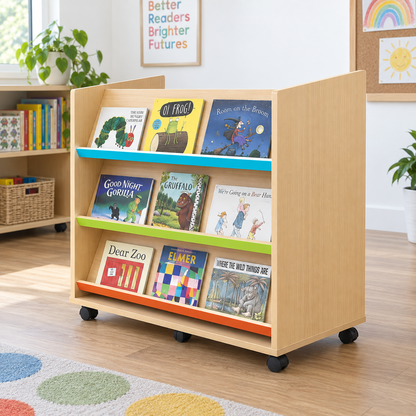 Monarch Library Unit with 3 Coloured Angled Shelves in a bright classroom library – view 2