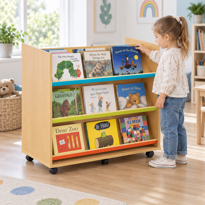 Monarch Library Unit with 3 Coloured Angled Shelves in a bright classroom library – view 3