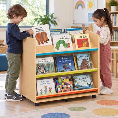 Monarch Library Unit with 3 Coloured Angled Shelves in a bright classroom library – view 4