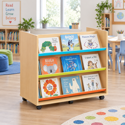 Monarch Library Unit with 3 Coloured Angled Shelves in a bright classroom library – view 6