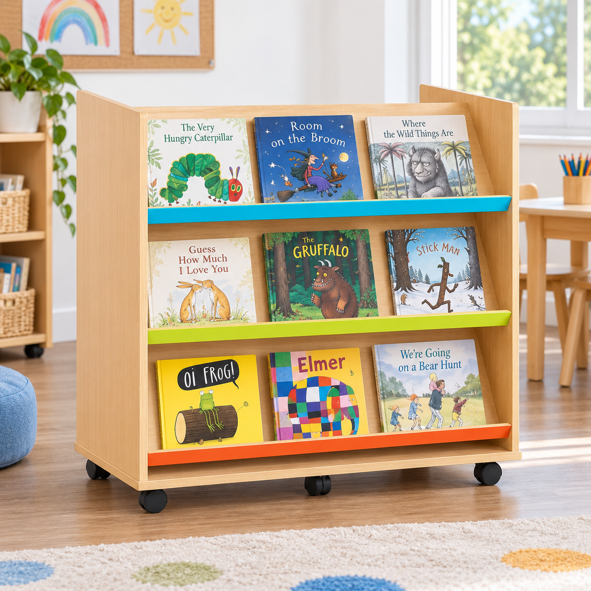 Monarch Library Unit with 3 Coloured Angled Shelves in a bright classroom library – view 7