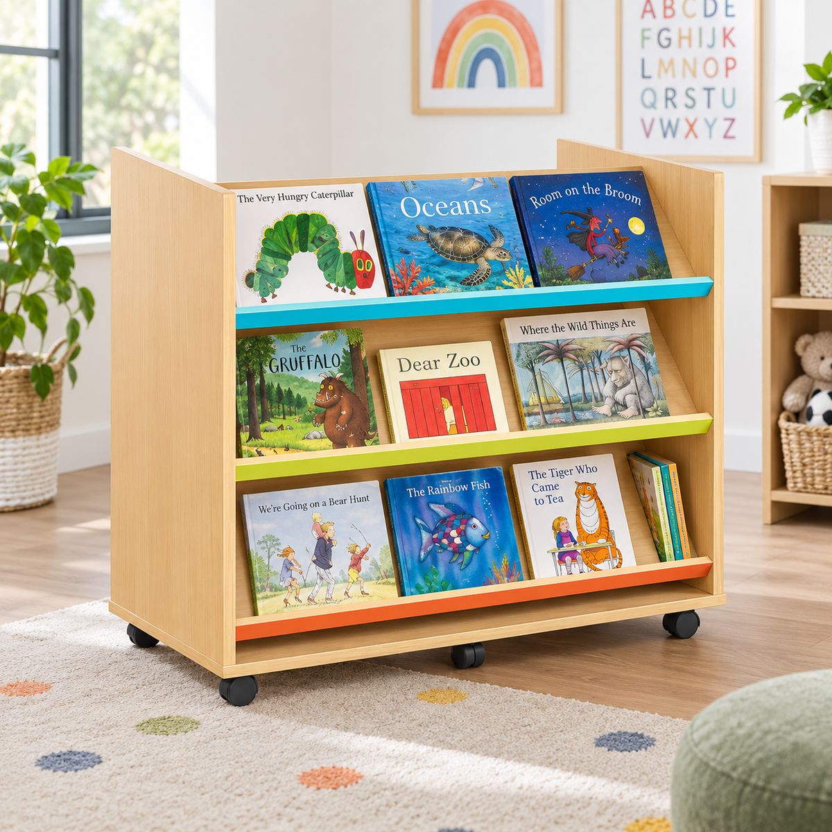 Monarch Library Unit with 3 Coloured Angled Shelves in a bright classroom library – view 8