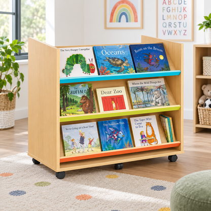 Monarch Library Unit with 3 Coloured Angled Shelves in a bright classroom library – view 8