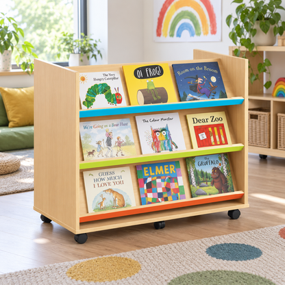 Monarch Library Unit with 3 Coloured Angled Shelves in a bright classroom library – view 1