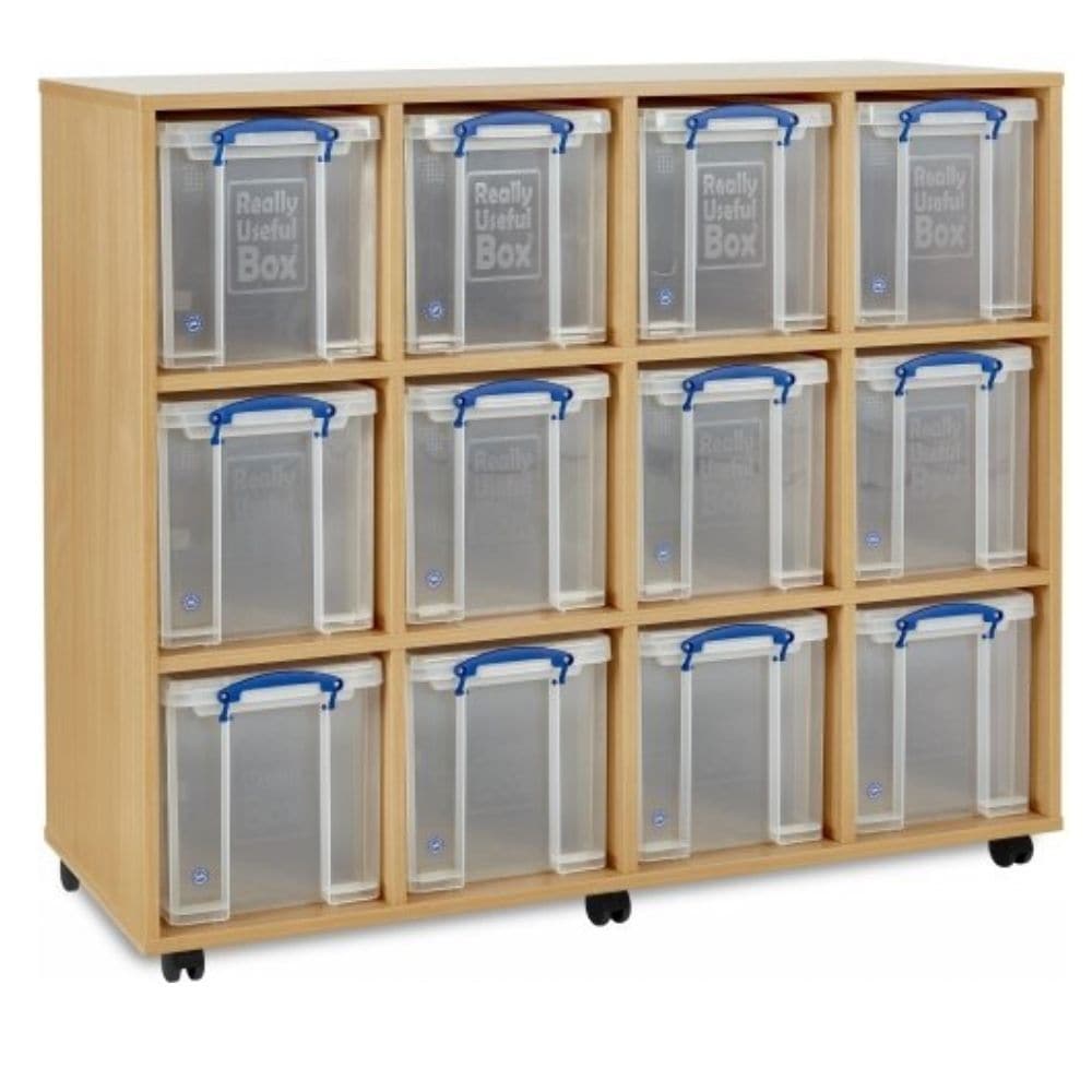 Monarch Really Useful 12 x 24L Storage Unit, The Monarch Really Useful Combination Storage Unit is a versatile solution for efficient organization and storage. This Monarch Really Useful 12 x 24L Storage Unit includes 12 clear 24L Really Useful storage boxes, providing ample space for all your storage needs. It comes fully assembled and features a sleek Beech finish, making it an attractive addition to any early years or school setting. Key Features of the Monarch Really Useful 12 x 24L Storage Unit: Ample 