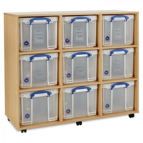 Monarch Really Useful 9 X 35L Storage Unit, The Monarch Really Useful Combination Storage Unit contains 9 x 35L clear Really Useful storage boxes and is supplied fully assembled and finished in Beech This Monarch Really Useful 9 X 35L Storage Unit is a practical and affordable storage cupboard unit used throughout schools and colleges. The Monarch Really Useful 9 X 35L Storage Unit is strongly constructed with 18mm MFC for great stability and reliability. This is supplied with 6 castors, 4 that lock and als