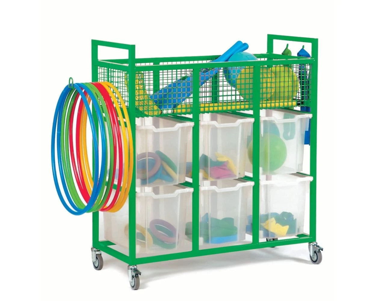 Monarch School Sports Trolley with 6 Jumbo Trays, The Monarch School Sports Trolley with 6 Jumbo Trays is the perfect storage and transportation solution for all your P.E. and sports equipment needs. Whether you're a school, sports club, or gym, this colorful and handy trolley is designed to make organizing and moving equipment a breeze.Delivered fully assembled and complete with 6x jumbo Gratnells trays, this trolley is ready to use right out of the box. The trays provide ample storage space for all your s