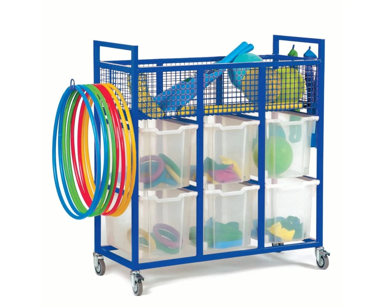 Monarch School Sports Trolley with 6 Jumbo Trays, The Monarch School Sports Trolley with 6 Jumbo Trays is the perfect storage and transportation solution for all your P.E. and sports equipment needs. Whether you're a school, sports club, or gym, this colorful and handy trolley is designed to make organizing and moving equipment a breeze.Delivered fully assembled and complete with 6x jumbo Gratnells trays, this trolley is ready to use right out of the box. The trays provide ample storage space for all your s