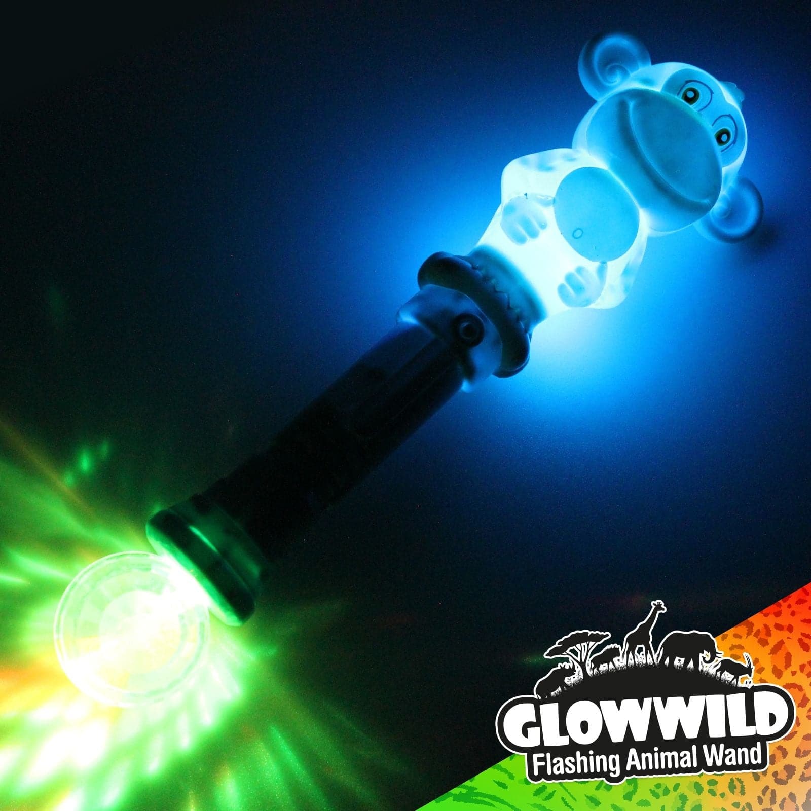 Monkey Mega Flashing Animal Wand, This cheeky monkey is guaranteed to put a smile on your face with it's super bright colour flash effects! A large baton finished with a friendly monkey on the top and a disco ball to the base, this funky wand is packed with multi coloured, multi function LEDs that shine through a loop of colourful effects! Glow Wild monkey flashing animal wand Multi coloured, multi function LEDs Monkey top Disco ball at base projects multi coloured light effects Sturdy pink or blue plastic 