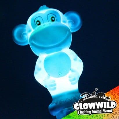Monkey Mega Flashing Animal Wand, This cheeky monkey is guaranteed to put a smile on your face with it's super bright colour flash effects! A large baton finished with a friendly monkey on the top and a disco ball to the base, this funky wand is packed with multi coloured, multi function LEDs that shine through a loop of colourful effects! Glow Wild monkey flashing animal wand Multi coloured, multi function LEDs Monkey top Disco ball at base projects multi coloured light effects Sturdy pink or blue plastic 