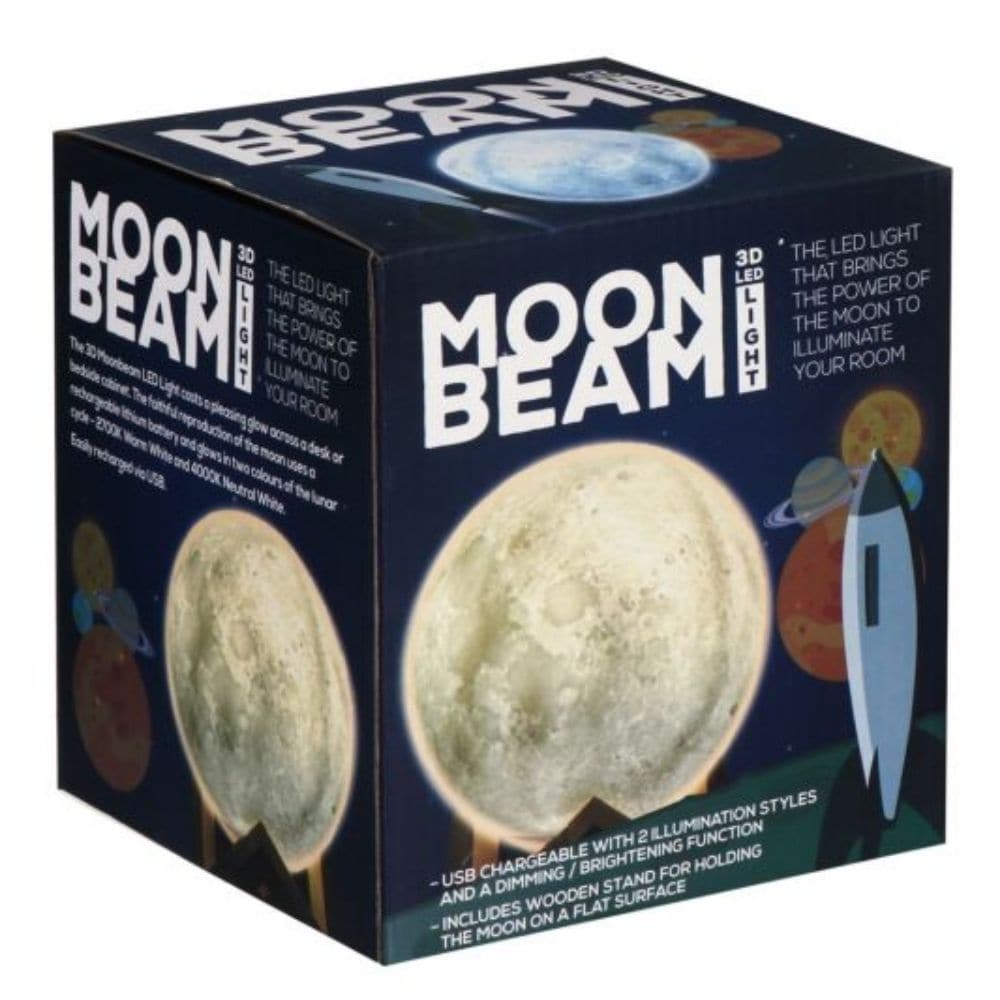 Moonbeam 3D LED Light, The Moonbeam 3D LED Light is perfect for any budding astronaut, this awesome moonrock mood light is brought to you from outer space and makes the perfect night light! This Moonbeam 3D LED Light features a lunar faithfully replicated surface indented with craters and adds a warm and comforting glow of colour to any room – bringing a calm and relaxing atmosphere to your home. With two display modes, one 2700k Warm White light, and one 4000k neutral White Light, the wireless lamp contain