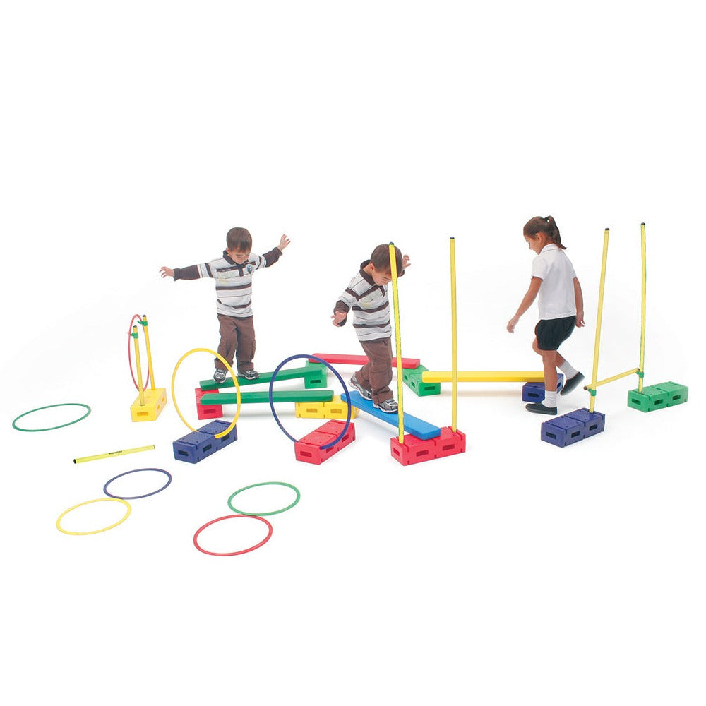 Motor Skills Universal Set, The Motor Skills Universal Set is a versatile set of equipment for children to build balance boards, obstacles, and crawl through hoops. The Motor Skills Universal Set is ideal for a variety of age groups and meets the demand for theme based exercise and contains equipment to help with balance and gross motor skills. The possibilities of this set are never ending. A wide range of different activities can be accomplished to suit various age groups and abilities; encouraging many d