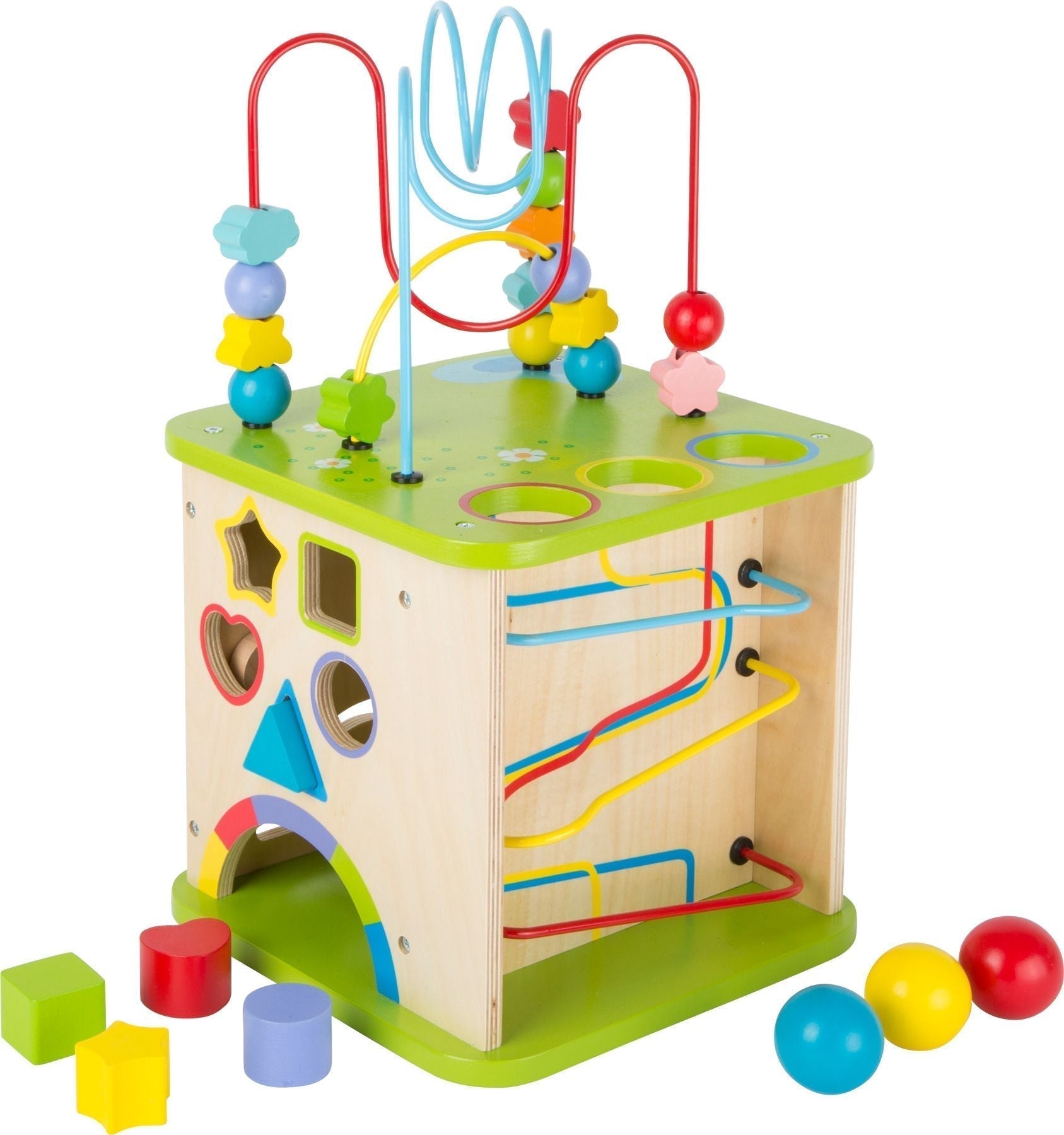 Motor Skills World with Marble Run, The game world of the little ones is very big! Many wonderful playtime ideas are brought together in this stable wooden cube - in addition to shapes for inserting and a string threading game, there is a marble run, a coordination game to learn numbers, and a wall of gears integrated into the cube. The entire set intensively trains motor skills and understanding of shapes, colors, and physics - but is also a lot of fun! The blocks and balls that are inserted into the cube 