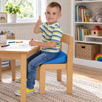 Move and Sit junior blue seat wedge in natural learning setting, view 1