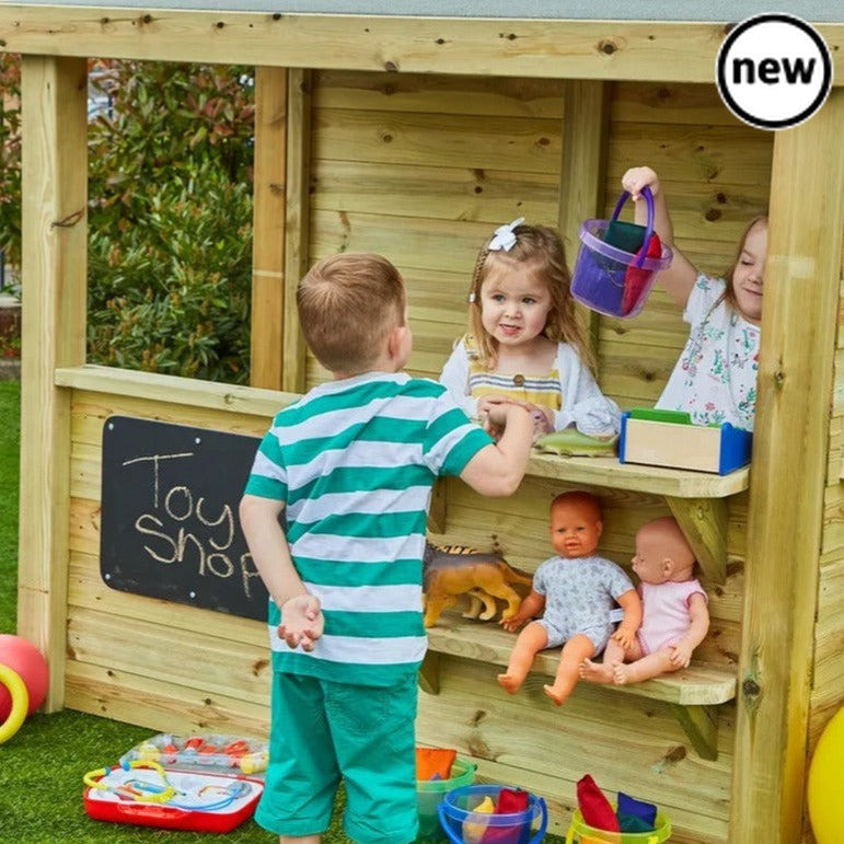 Multi-functional Outdoor Shop, Sturdy wooden shop designed specifically for outdoor play, a perfect environment for simulating cafe and shop role play. Can be used to lead imaginary role play for one or more child Please Note: Not available for delivery to Northern Ireland. Please Note: This item is kerbside delivery only. Dimensions: 1560 x 1860 x 960mm Some Assembly Required. Made from FSC Certified Redwood Timber. Guaranteed for 12 months, subject to reasonable care and maintenance. The timber itself is 
