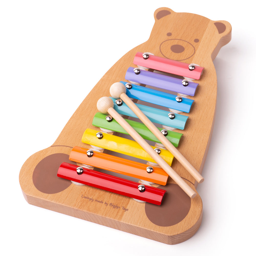 Musical Bear Xylophone, A modern twist on the traditional xylophone, this Musical Bear Xylophone will help little ones develop their rhythm skills, colour recognition and sensory perception. As they hit the different bars with the beaters, they will learn that they can make different sounds. The Wooden Musical Bear Xylophone from Tidlo is an adorable way to introduce making music to mini Mozarts. Eight clear-ringing metal keys will delight children with their pleasant chimes. The bright colours of the keys 
